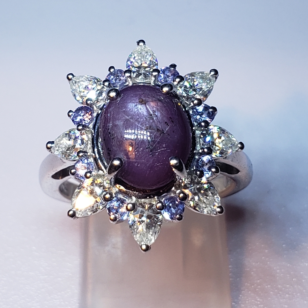 Rare Indian Star Ruby, Moissanite &TanzaniteStar Burst Ring - Picture 1 of 10